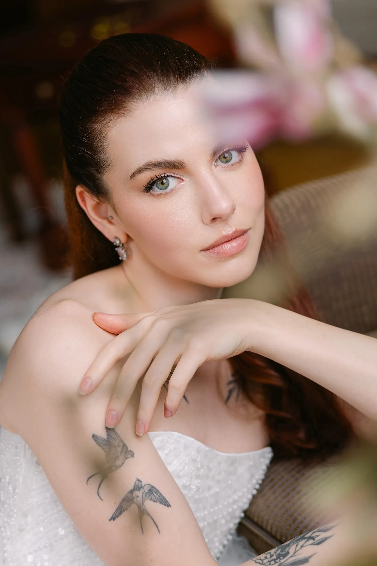 Natural beauty look with fresh glowing skin, feathered brows and a sheer tinted lip.