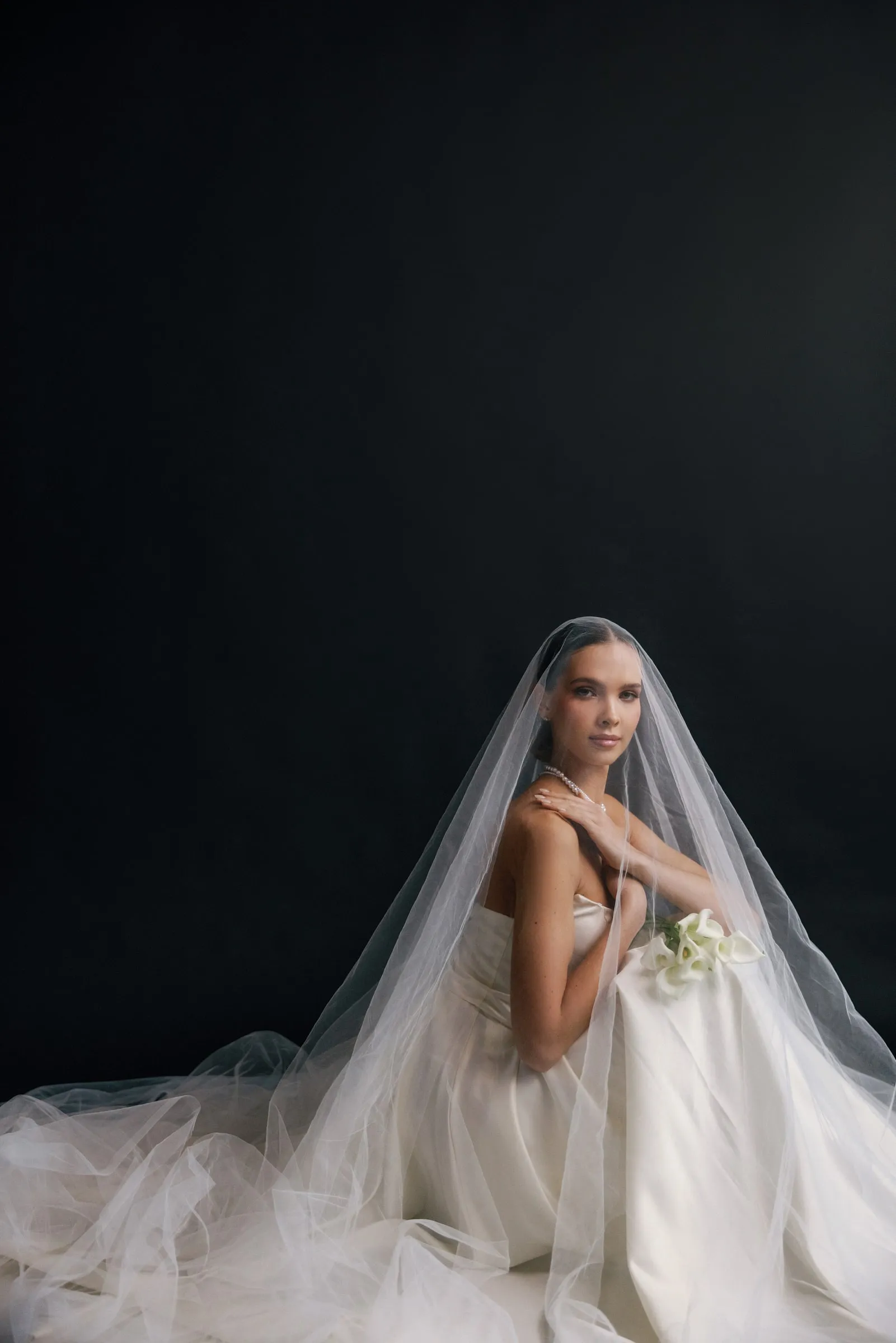 Bride beneath a long tulle veil on a dark backdrop, with soft luminous skin and understated definition.